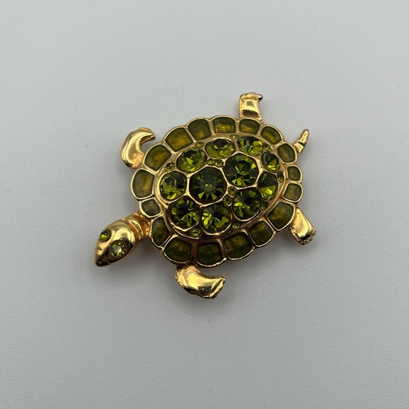 Jewelry - Gold-tone Turtle Brooch with Green Rhinestones